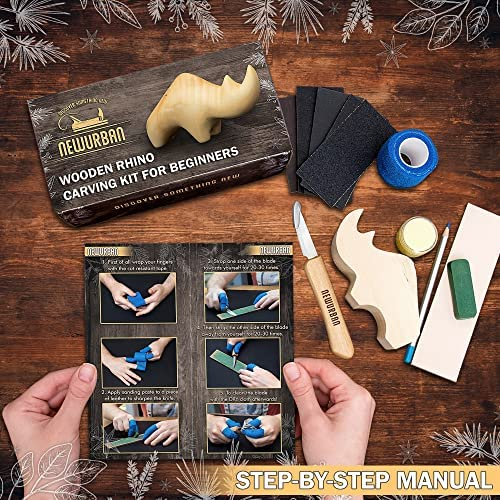 Wood Carving Kit for Beginners - Whittling kit with Rhino - Linden  Woodworking Kit for Kids, Adults - Wood Carving Stainless Steel Knife with  Wooden Handle-Rhino Shaped Linden Blank