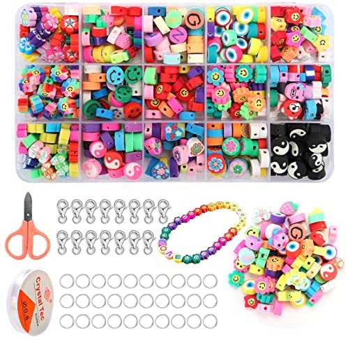 Piashow 420 Pcs Polymer Clay Beads for Jewelry Bracelet Making Kit 24  Styles Preppy Beads DIY Arts and Crafts Kit Include Flower Smiley Face Bead