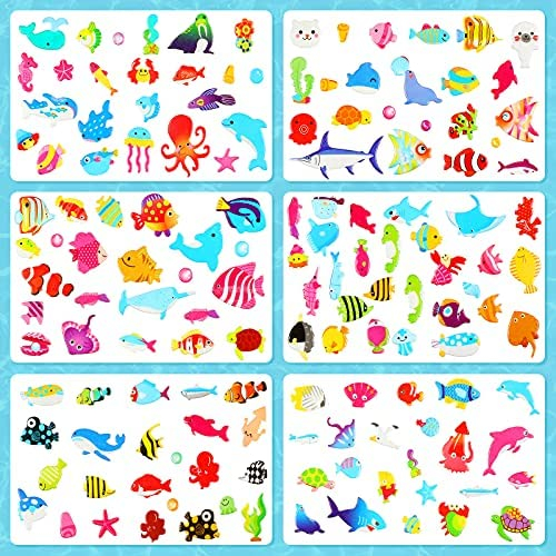 Fulmoon 288 Pieces/12 Sheets Kids Sea Animal Stickers 3D Puffy Stickers Toddlers Colored 3D Sticker Puffy Fish Stickers Decals Cartoon Sea Ocean