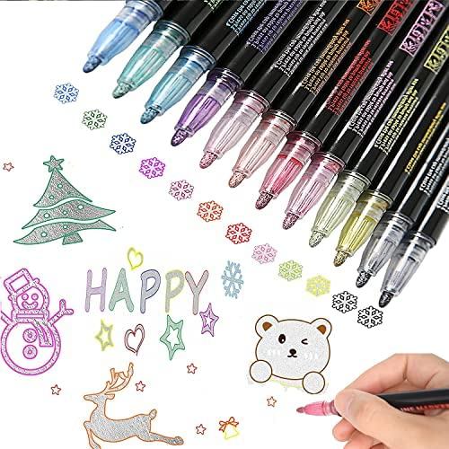 Double Line Markers Outline Pens, Super Squiggles Glitter Outline Marker  Set, 12 Colors Doodle Shimmer Pen for Card Making, DIY Art Drawing,  Lettering, Craft Project