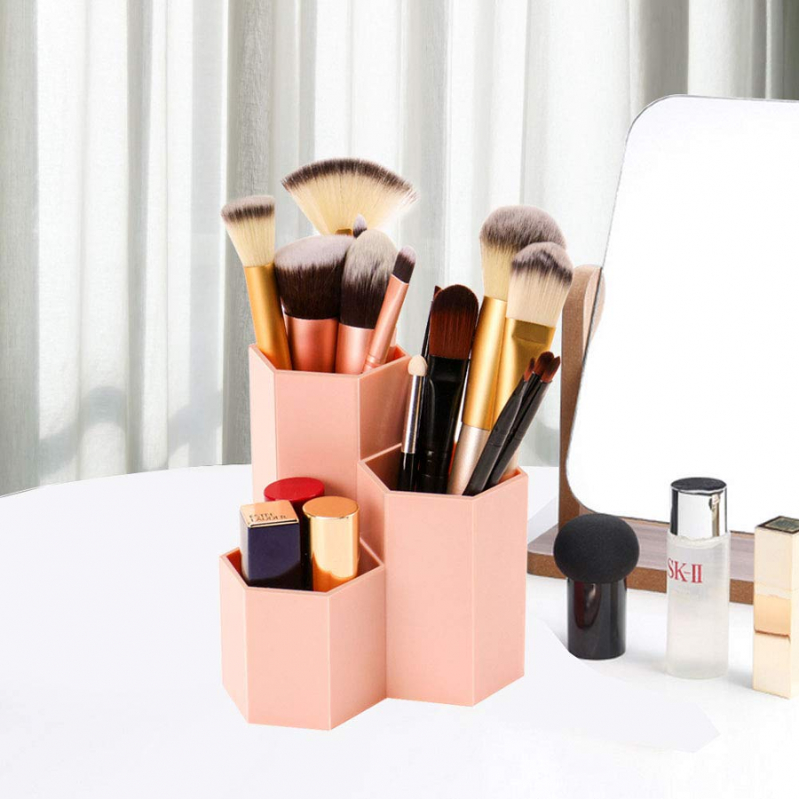 Weiai Makeup Brush Holder Organizer, 3 Slots Pink Cosmetic Brushes Solution for Desk