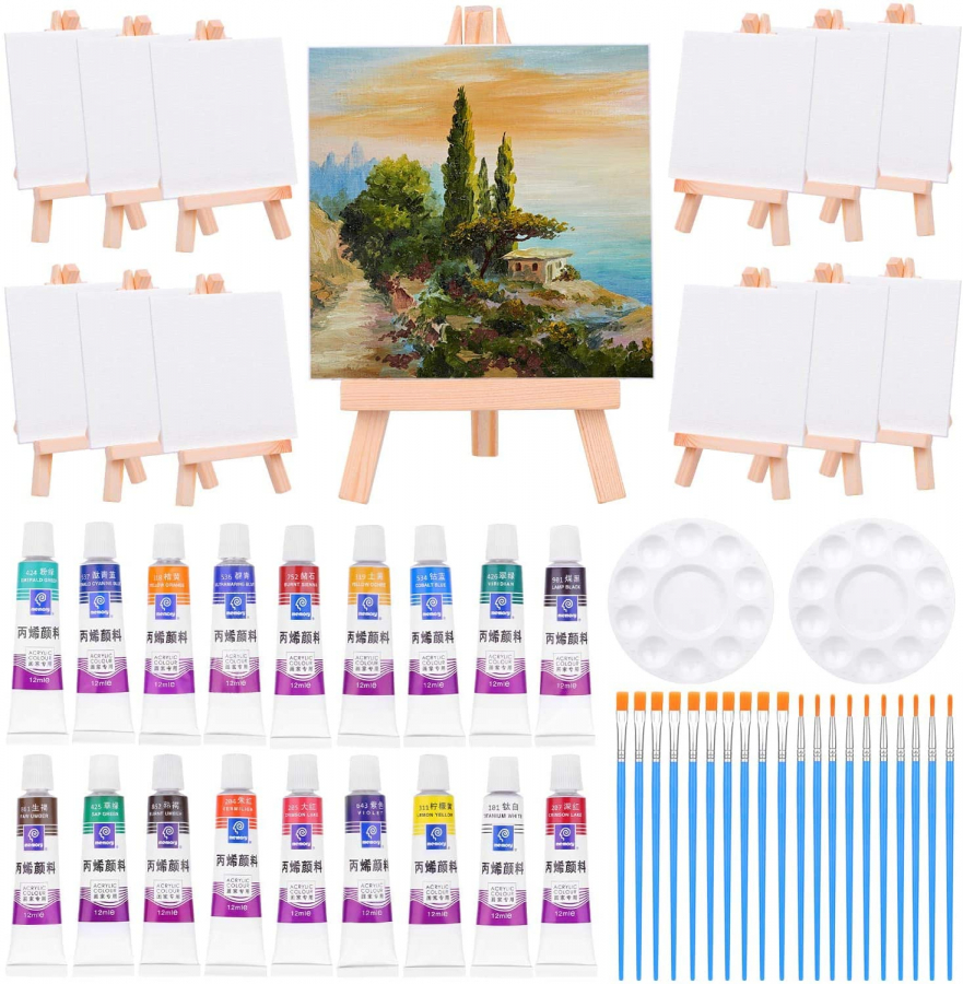 Mini Canvas and Easel, Paxcoo 60 Pieces Mini Canvas Painting Set Includes  4x4 Inches Small Tiny Painting Canvas