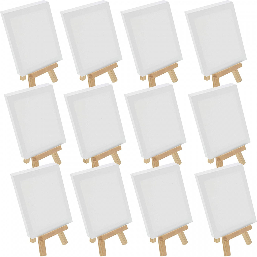 US Art Supply 8 Mini Natural Easel & 4x6 Mini Canvas Complete Craft Painting Set Pack of 12
