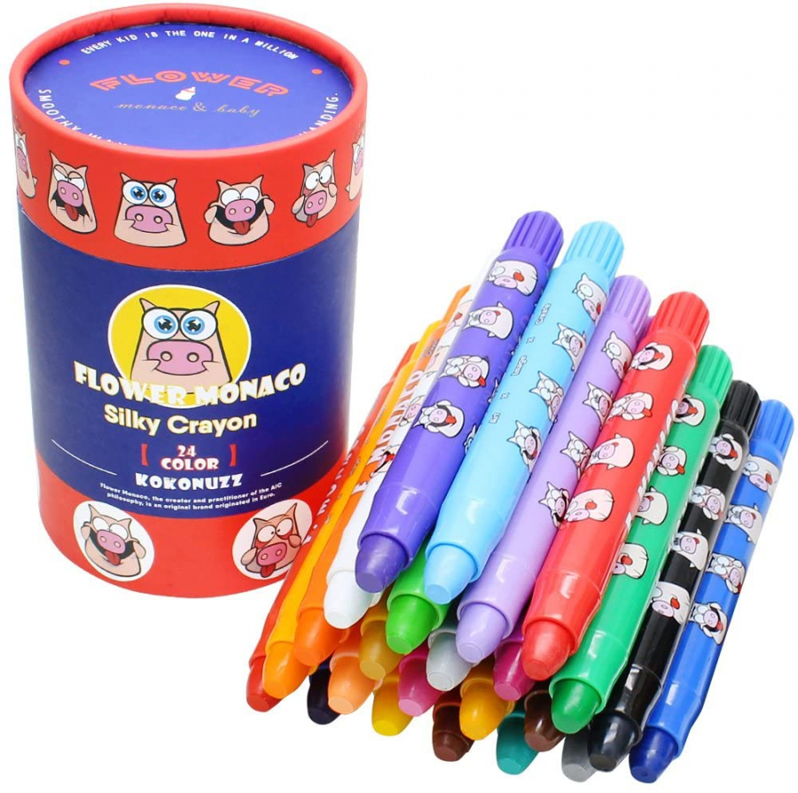 Lebze Washable Jumbo Crayons for Toddlers, 24 Colors Non Toxic Twistable Crayons Set, Silky Bath Crayons for Babies and Kids Flower Monaco