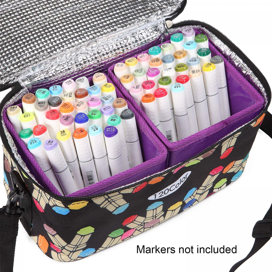 Toprema New Marker Pen Case Holder for 120 Markers Organizer Multifunctional Zipper Storage Carrying Bag with Pattern Black