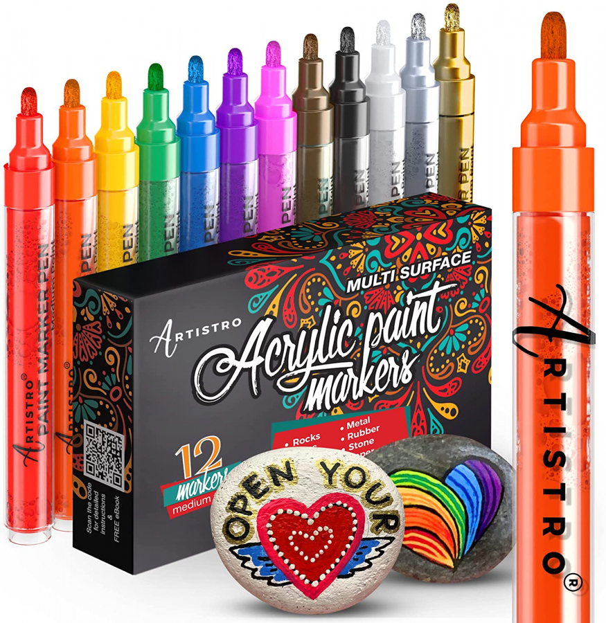 Artistro Acrylic Paint Pens for Fabric, Glass, Extra Fine Tip, 12 Metallic Paint  Markers 