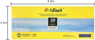 ArtBeek Watercolor Paper Block,3.9" x 9.8" Watercolor Block 20 Sheets 100% Cotton Cold Press 140lb/300GSM
