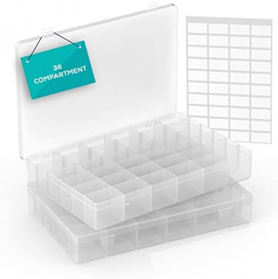 Plastic Large Bead Organizer Box with Adjustable Dividers 2-Pack 36 Grids. Tackle Box Organizer with 5 Sheets of Labeling Stickers for Jewelry, Crafts