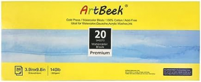 ArtBeek Watercolor Paper Block,3.9" x 9.8" Watercolor Block 20 Sheets 100% Cotton Cold Press 140lb/300GSM