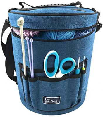 XL Crochet Bag - Large Craft Organizer to Store Crocheting & Knitting Supplies - Portable Yarn Storage with 7 Pockets for Tools, Shoulder Strap and Handle - Blue | Easy to Carry