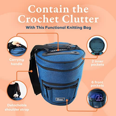XL Crochet Bag - Large Craft Organizer to Store Crocheting & Knitting Supplies - Portable Yarn Storage with 7 Pockets for Tools, Shoulder Strap and Handle - Blue | Easy to Carry