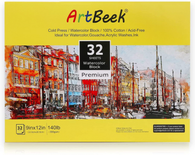 ArtBeek Watercolor Paper Block,9"x12" 32 Sheets 100% Cotton Cold Press 140lb/300GSM