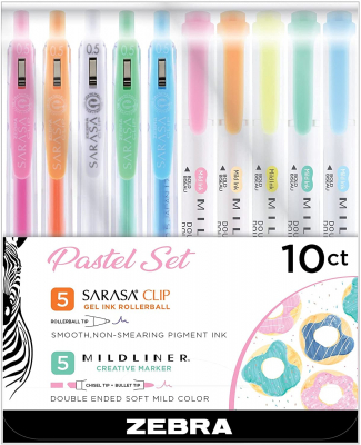 Zebra Pen Pastel Set, Includes 5 Mildliner Highlighters and 5 Sarasa Clip Retractable Gel Pens