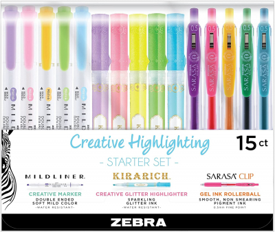 Zebra Pen Creative Highlighting Starter Set, Includes 10 Highlighters and 5 Sarasa Clip Retractable Gel Pens