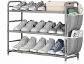 SUOERNUO Shoe Rack 3 Tier Free Standing Metal Shoe Shelf Compact Storage Organizer with Side Bag for Entryway Closet Bedroom,Grey