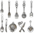 Kinteshun Kitchen Tableware Charms Baking Cooking Knife Fork Spoon Plate Pan Dinnerware Charm Pendant for DIY Jewelry Making Accessaries(100pcs,Antique Silver)