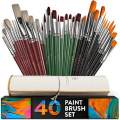 Professional Artist Paint Brush Set of 40 with Storage Case - Includes Round and Flat Art Brushes with Hog, Pony