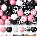 120 Pieces Cow Print Wood Beads 16mm Natural Farmhouse Polished Spacer Beads Handmade Zebra Dotted Wood Round Ball with Twine and Plaid Ribbons for DIY Craft Garland Making (Pink, White