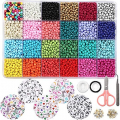 OUTUXED 7200pcs 4mm Glass Seed Beads and 300pcs Alphabet Letter Beads for Bracelets Jewelry Making and Crafts with Elastic String Cords, Tweezers and Accessories DIY Material
