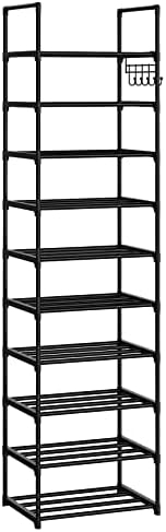 WEXCISE Narrow Shoe Rack 10 Tiers Tall Shoe Rack for Entryway 20 24 Pairs Shoe & Boots Organizer Storage Shelf Durable Black Metal Stackable Shoe Cabinet with Hooks, 17.1D x 11.8W x 78.7H in