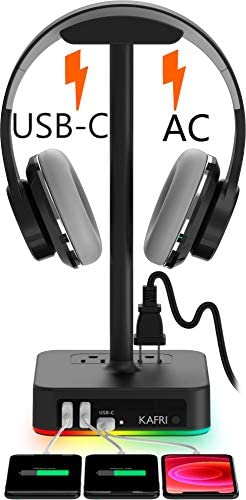 KAFRI RGB Headphone Stand with USB A&C Charger Desk Gaming Headset Holder Hanger Rack with 3 USB Charging Port and 2 Outlet - Suitable for Gamer Desktop Table Game Earphone Accessories Boyfriend Gifts