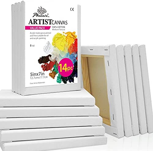 PHOENIX White Blank Cotton Stretched Canvas Artist Painting - 5x7 Inch / 14 Pack - 5/8 Inch Profile Triple Primed for Oil & Acrylic Paints