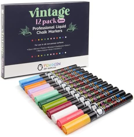 Liquid Chalk Markers Set of 12 Vintage Colors - 3mm Fine Tip Chalk Markers with Bonus 30 Chalk Stickers - Erasable Pen with Reversible Tip for Mason Jars, Windows