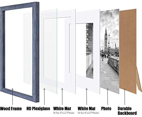 11x14 Blue Picture Frames Distressed Display 9x12 or 8x10 Pictures with Mat or 11x14 Frame without Mat – Solid Wood 11x14 Inch Farmhouse Frame with 2 Mats for Wall Mounting or Table Top, Set of 2
