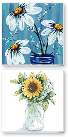 2 Pack Paint by Numbers for Adults Kids Beginner with Framed Canvas, DIY Flower Oil Painting by Number Crafts Kits with Wooden Easel for Home Decor
