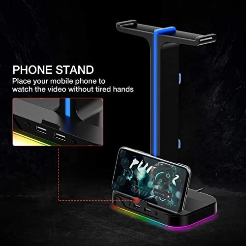 Havit RGB Gaming Headphone Stand Desk Dual Headset Hanger Base with Phone Holder & 2 USB Ports for Desktop PC Game Earphone Accessories