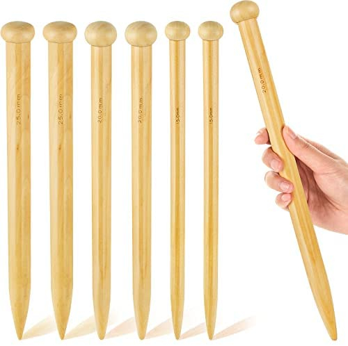 6 Pieces Large Knitting Needles Jumbo Straight Wooden Knitting Needles 3 Sizes Extra Large Knitting Needles for Chunky Yarn Beginner DIY Fabric Crafts Crochet 15mm 20mm 25mm (Natural)