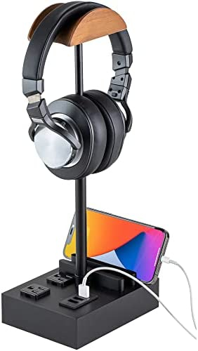 CastleLife Wood Headphone Stand Desktop Gaming Headset Holder with 2 AC Outlets and 3 USB Ports, Charging Station&Phone Stands