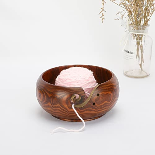 LOOEN Yarn Storage Wooden Yarn Bowl Holder Rosewood,Knitting Wool Storage Basket Round with Holes Handmade Craft Crochet Kit Organizer Perfect for Mother's Day(Wine Red)