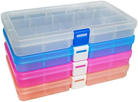 DUOFIRE Plastic Organizer Container Storage Box Adjustable Divider Removable Grid Compartment for Jewelry Beads Earring Container Tool Fishing Hook Small Accessories (15 grids, 4 Colors)