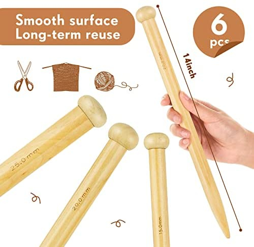 6 Pieces Large Knitting Needles Jumbo Straight Wooden Knitting Needles 3 Sizes Extra Large Knitting Needles for Chunky Yarn Beginner DIY Fabric Crafts Crochet 15mm 20mm 25mm (Natural)