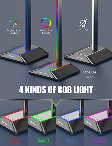 New bee RGB Headphone Stand with 1 USB-C Charging Port and 1 USB Charging Port, Desk Gaming Headset Holder with 7 Light Modes and Non-Slip Rubber Base Suitable for All Earphone Accessories (Black)