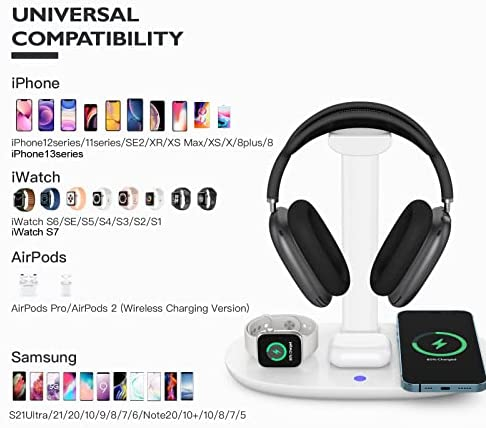 Headphone Stand with 15w Wireless Charger, Suguder 4 in 1 Qi Charging Station Headset Holder for AirPods Max/Pro/2 iWatch 7/6/5/4/3/2/1/SE iPhone 13/12/11/XS/XR/X/8 Series for Desktop Table Game