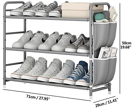 SUOERNUO Shoe Rack 3 Tier Free Standing Metal Shoe Shelf Compact Storage Organizer with Side Bag for Entryway Closet Bedroom,Grey