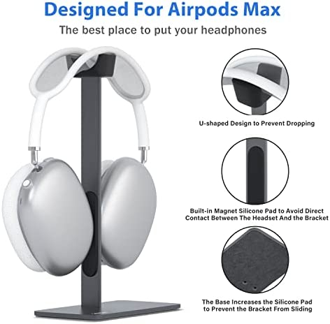 Headphone Stand for Airpods Max with Auto-Sleep Mode Aluminum Headset Stand Silicone U-Shaped Headrest Anti-Slip Headset Holder with Solid Weighted Base for All Headphones Sizes（Gun Black）
