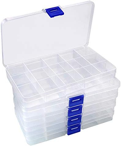 WYKOO 5 Pack 15 Grids Clear Bead Storage Containers Craft Storage Cases Transparent Jewelry Organizer Boxes with Hinged Lid Craft Organizer and Storage Box