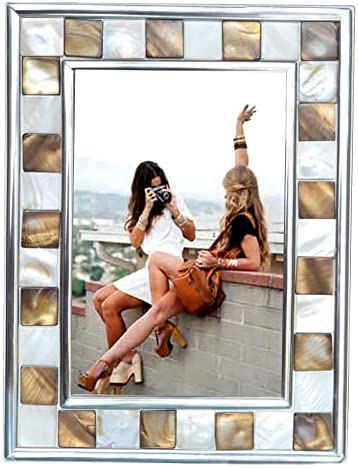 GIFTME 5 Picture Frame 5x7 Brown Mother of Pearl 5 by 7 Photo Frame Silver Plate Mosaic Glass Picture Frame (Brown+White,1pc)
