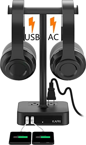 Dual Headphone Stand with USB Charger KAFRI Desk Gaming Double Headset Holder Hanger Rack with 2 USB Charging Port and 2 Outlet - Suitable for Gamer Desktop Table Game Earphone Accessories Gift