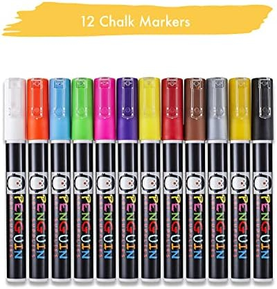 Liquid Chalk Markers - 12 Washable Colors Fine Tip Chalk Pens (3mm), Wet Erase Markers for Blackboard