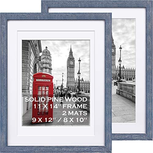 11x14 Blue Picture Frames Distressed Display 9x12 or 8x10 Pictures with Mat or 11x14 Frame without Mat – Solid Wood 11x14 Inch Farmhouse Frame with 2 Mats for Wall Mounting or Table Top, Set of 2