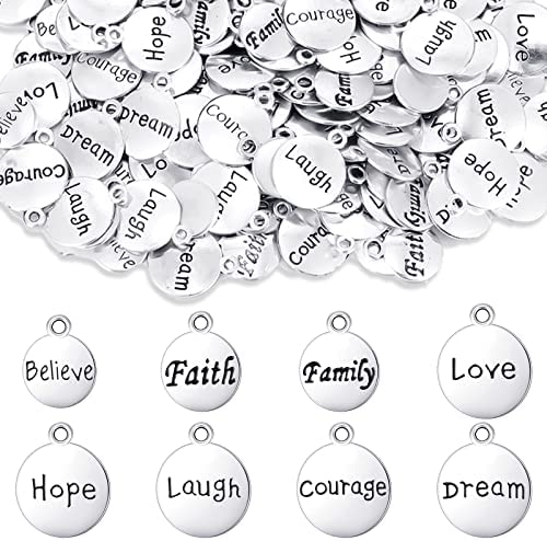 160 Pcs Inspirational DIY Charms Antique Silver Charm Pendants for Jewelry Making Cheer Message Keychain Charms for Girl Bracelet Necklace Flat Alloy Charm Gift Accessory, 8 Styles
