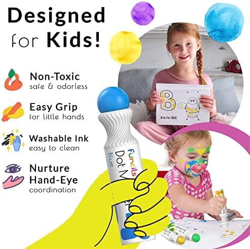 Funcils 10 Washable Dot Markers for Toddlers with Free Activity Book | Water Based Non Toxic Paint Dotters & Bingo Daubers for Kids & Preschoolers | Dabber Markers for Kids | Fun Dot Art Supplies