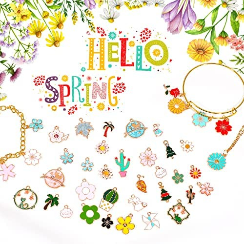 MARFOREVER 120 Pcs Spring Summer Gifts Floral Themed Flower Charms for Jewelry Making, Assorted Gold Enamel Charm Pendants for DIY Necklace Bracelet Making Supplies
