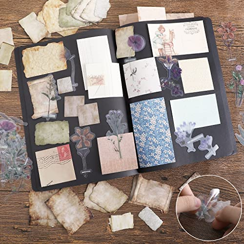 445 PCS Vintage Scrapbook Paper Journaling Scrapbooking Supplies Kit Aesthetic Decorative Craft Paper include 40 Sheet Flowers Stickers for Planner, Bullet Journaling