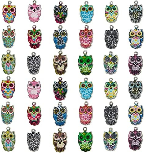 LEBERY 36pcs Owl Enamel Charms, Colorful Owl Charms Pendant for Necklace Bracelet Earring Keychain Jewelry Making DIY Craft Findings