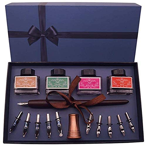 Satin Calligraphy Pen Set – Includes Wooden Dip Pen, Antique Brass Holder